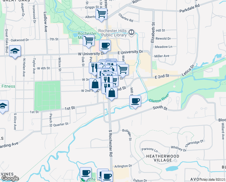map of restaurants, bars, coffee shops, grocery stores, and more near 138 South Main Street in Rochester
