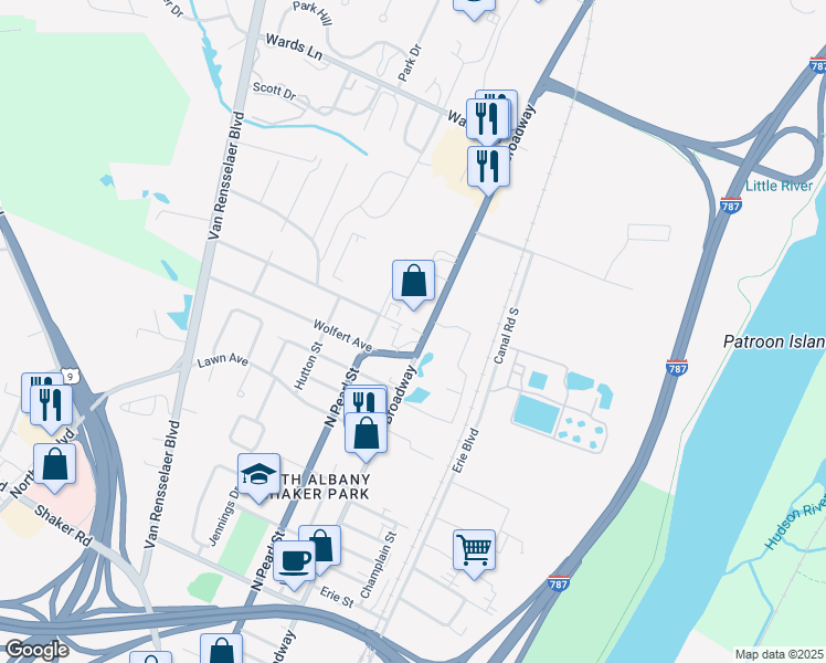 map of restaurants, bars, coffee shops, grocery stores, and more near 22 Broadway in Menands