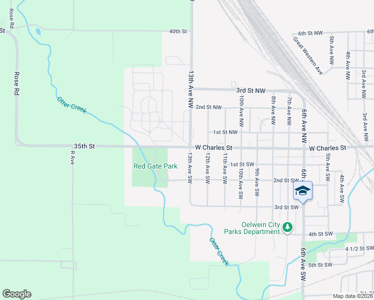 map of restaurants, bars, coffee shops, grocery stores, and more near 2 13th Avenue Southwest in Oelwein