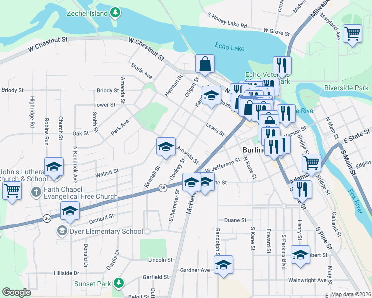 map of restaurants, bars, coffee shops, grocery stores, and more near 301 Conkey Street in Burlington