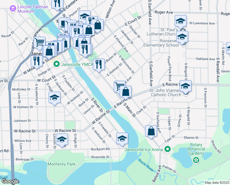 map of restaurants, bars, coffee shops, grocery stores, and more near 408 South Main Street in Janesville