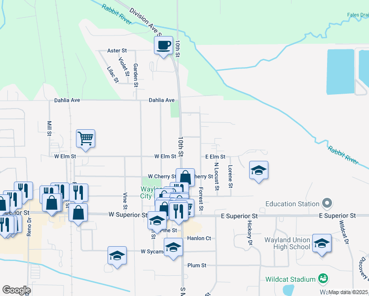 map of restaurants, bars, coffee shops, grocery stores, and more near 418 North Main Street in Wayland