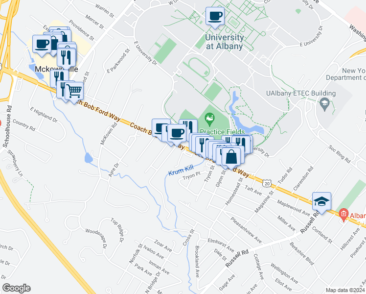 map of restaurants, bars, coffee shops, grocery stores, and more near 1237 Coach Bob Ford Way in Albany
