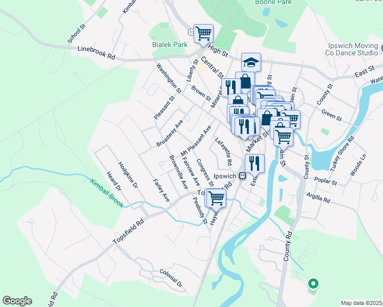 map of restaurants, bars, coffee shops, grocery stores, and more near 28 Mount Pleasant Avenue in Ipswich