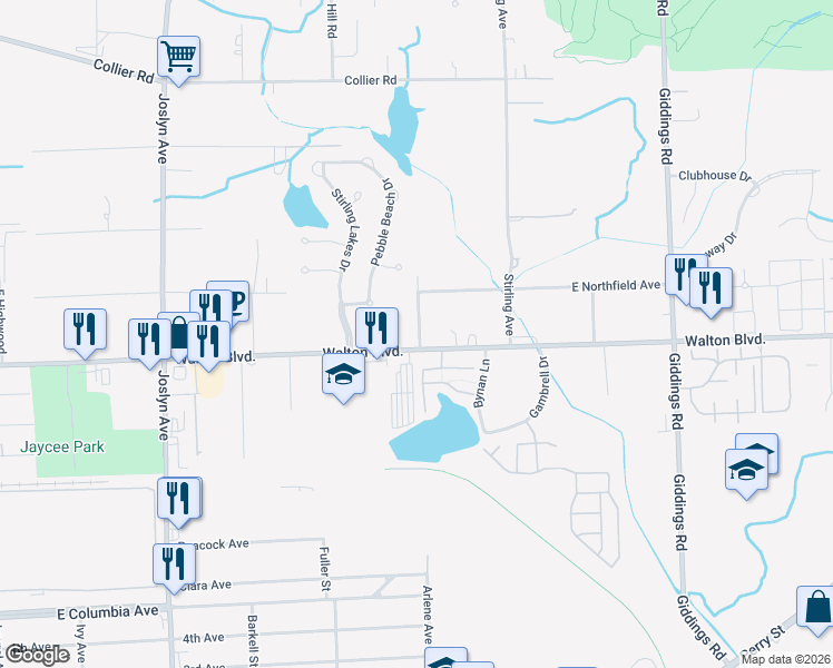 map of restaurants, bars, coffee shops, grocery stores, and more near 793 East Walton Boulevard in Pontiac
