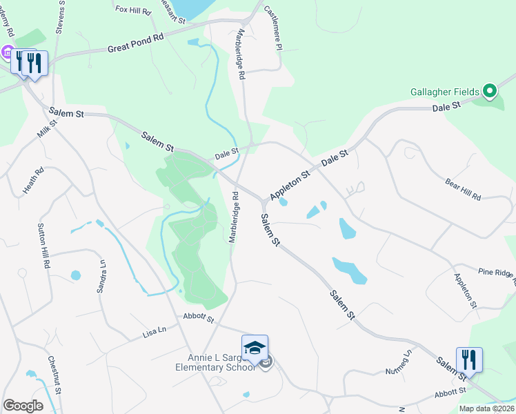 map of restaurants, bars, coffee shops, grocery stores, and more near 327 Salem Street in North Andover