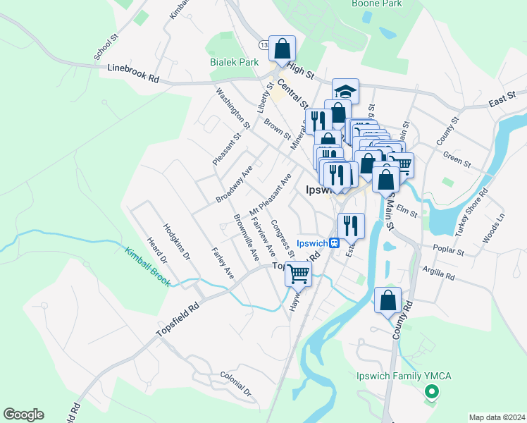 map of restaurants, bars, coffee shops, grocery stores, and more near 28 Mount Pleasant Avenue in Ipswich