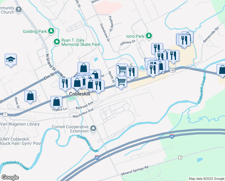 map of restaurants, bars, coffee shops, grocery stores, and more near 105 Spring Street in Cobleskill