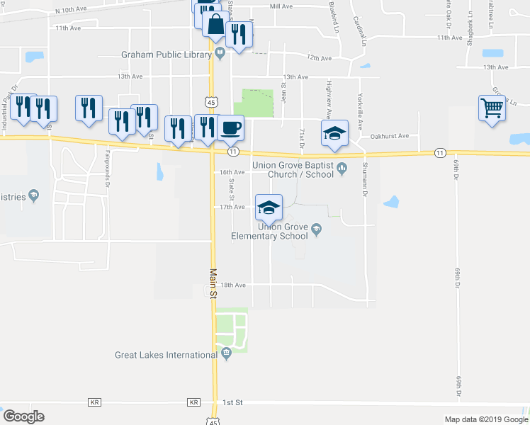 map of restaurants, bars, coffee shops, grocery stores, and more near 1718 Milldrum Street in Union Grove