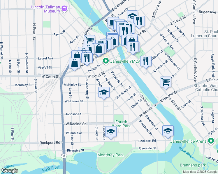 map of restaurants, bars, coffee shops, grocery stores, and more near 183 South High Street in Janesville