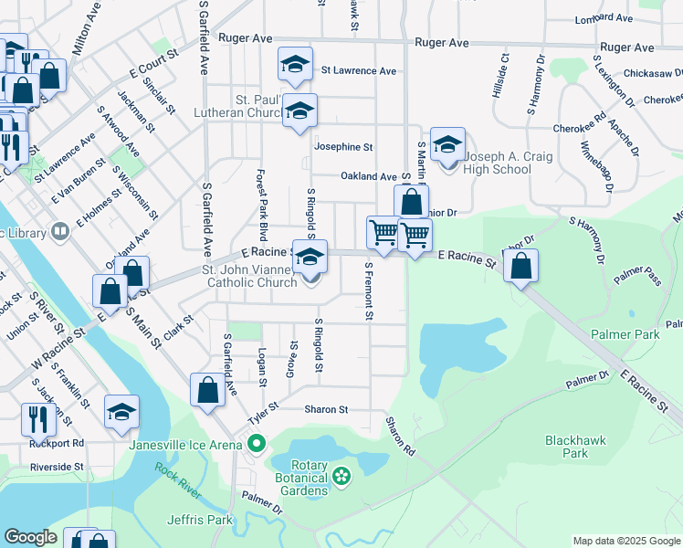 map of restaurants, bars, coffee shops, grocery stores, and more near 527 S Blackhawk St in Janesville