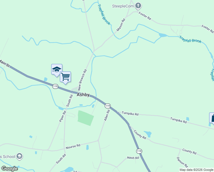 map of restaurants, bars, coffee shops, grocery stores, and more near 699 Main Street in Ashby