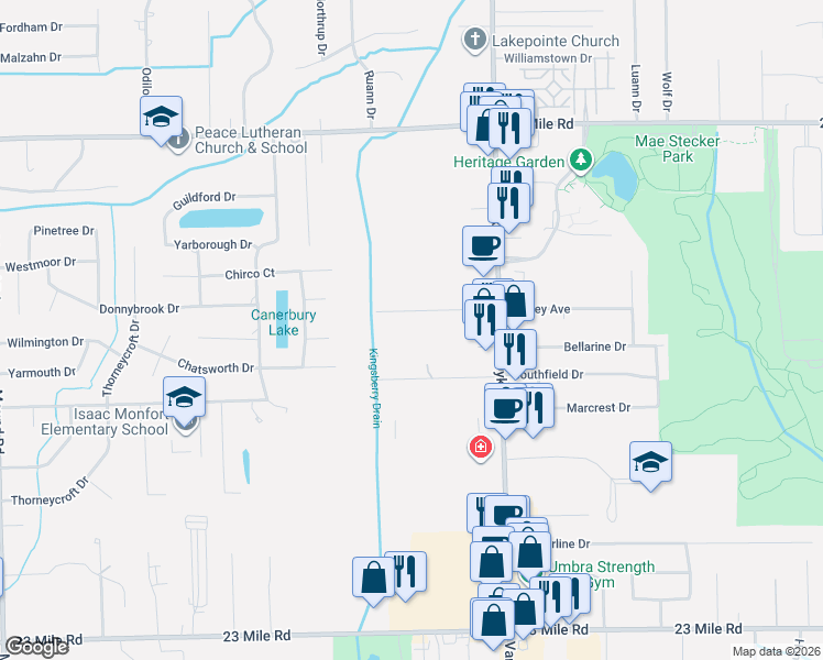 map of restaurants, bars, coffee shops, grocery stores, and more near 7606 Smiley Avenue in Macomb County