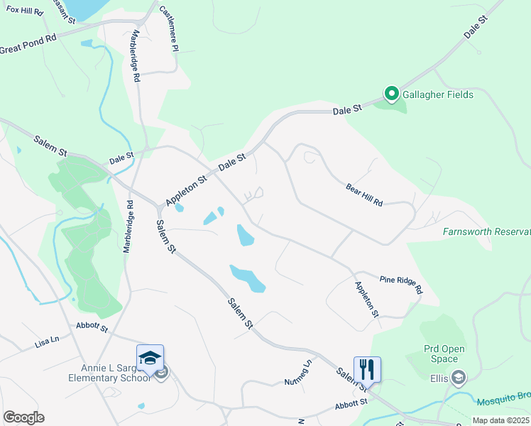 map of restaurants, bars, coffee shops, grocery stores, and more near 172 Appleton Street in North Andover