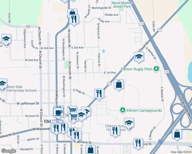 map of restaurants, bars, coffee shops, grocery stores, and more near 423 East 1st Avenue in Elkhorn