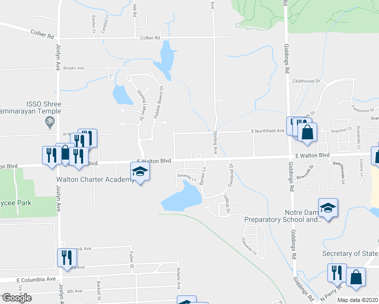 map of restaurants, bars, coffee shops, grocery stores, and more near 815 E Walton Blvd in Pontiac