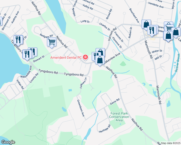 map of restaurants, bars, coffee shops, grocery stores, and more near 40 Tyngsboro Road in Dracut