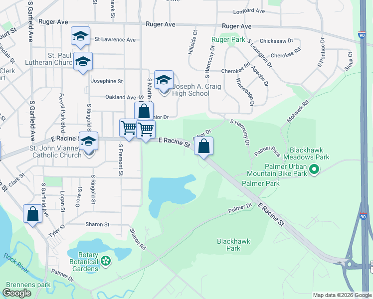 map of restaurants, bars, coffee shops, grocery stores, and more near 1900 East Racine Street in Janesville