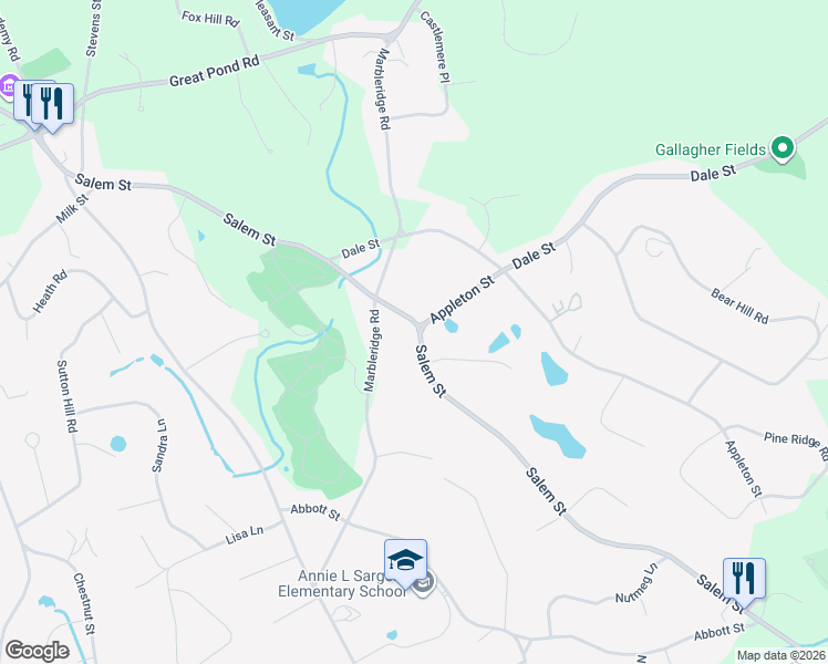 map of restaurants, bars, coffee shops, grocery stores, and more near 327 Salem Street in North Andover