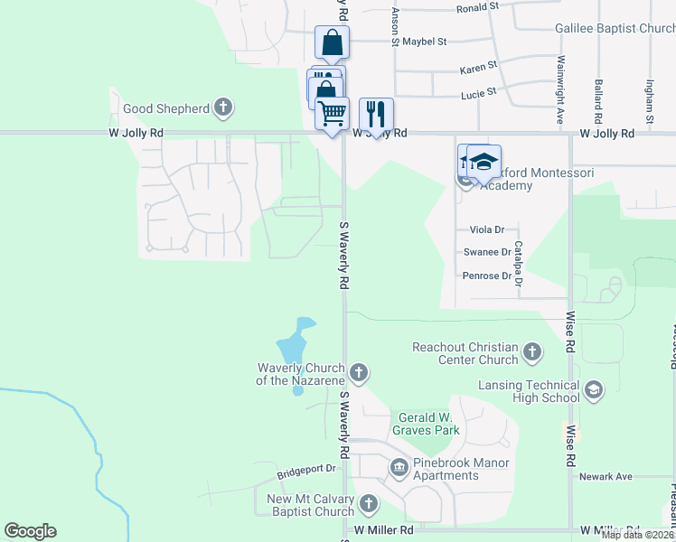 map of restaurants, bars, coffee shops, grocery stores, and more near 5421 South Waverly Road in Lansing