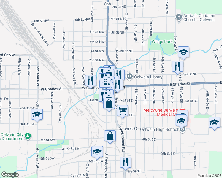 map of restaurants, bars, coffee shops, grocery stores, and more near in Oelwein