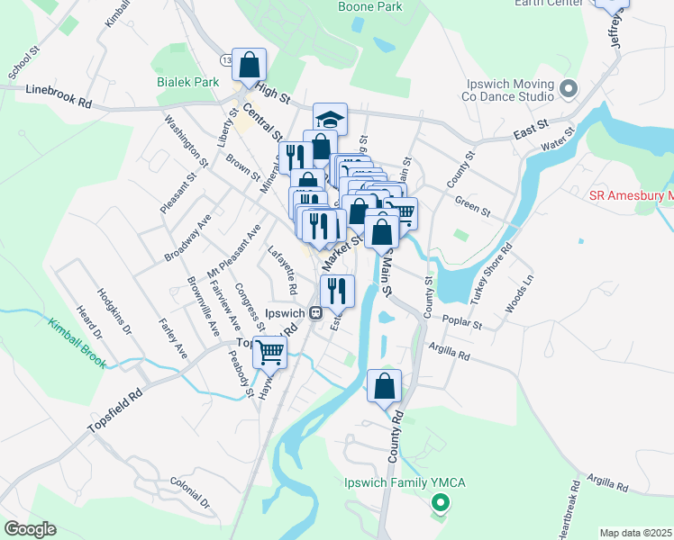 map of restaurants, bars, coffee shops, grocery stores, and more near 2 Saltonstall Street in Ipswich
