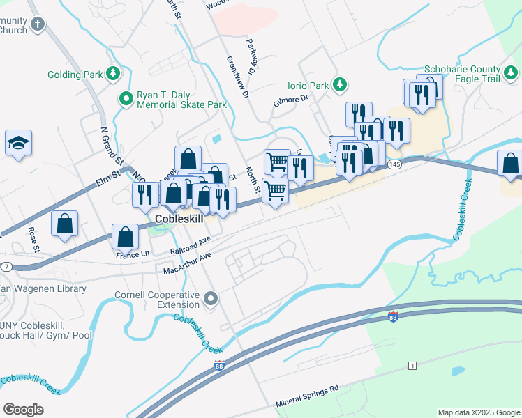 map of restaurants, bars, coffee shops, grocery stores, and more near 111 Spring Street in Cobleskill