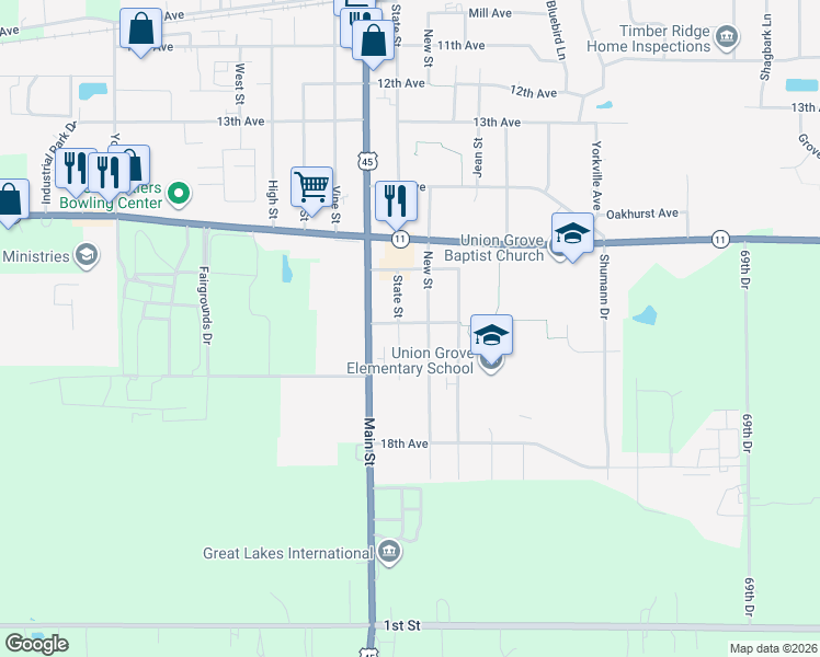 map of restaurants, bars, coffee shops, grocery stores, and more near 1712 New Street in Union Grove