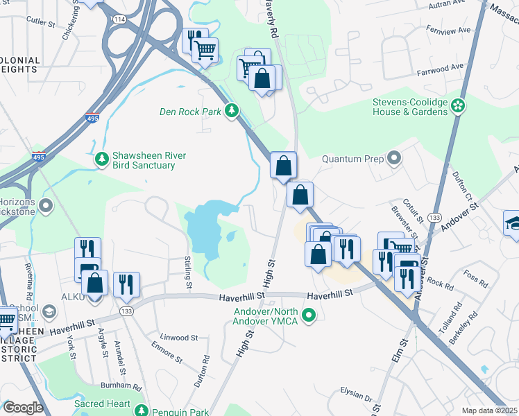 map of restaurants, bars, coffee shops, grocery stores, and more near 112 Thoreau Way in Lawrence