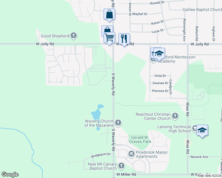 map of restaurants, bars, coffee shops, grocery stores, and more near 5421 South Waverly Road in Lansing