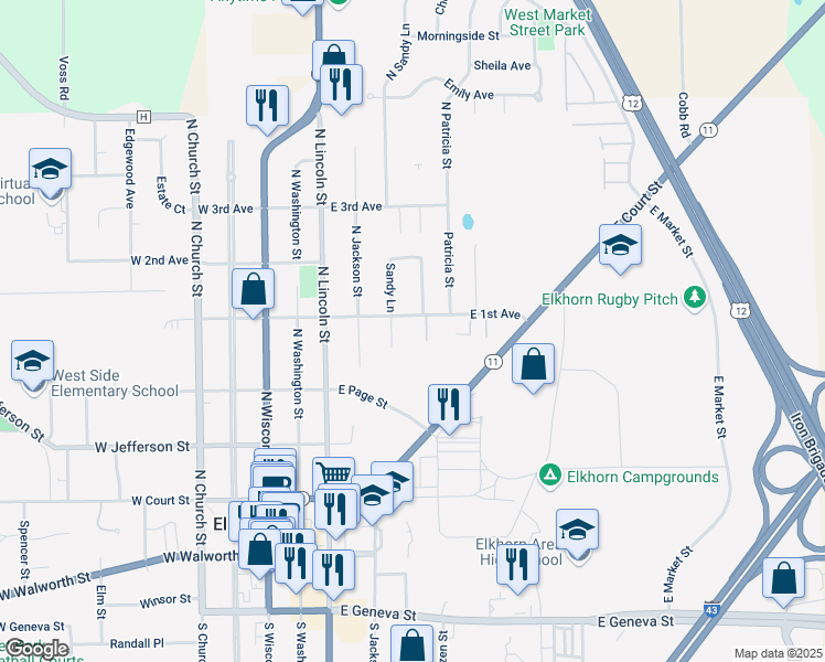 map of restaurants, bars, coffee shops, grocery stores, and more near 419 East 1st Avenue in Elkhorn
