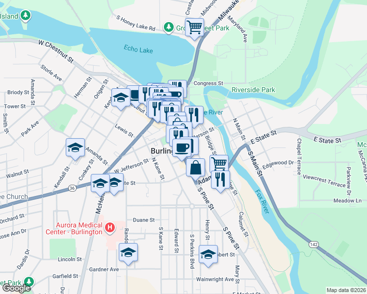 map of restaurants, bars, coffee shops, grocery stores, and more near 216 North Pine Street in Burlington