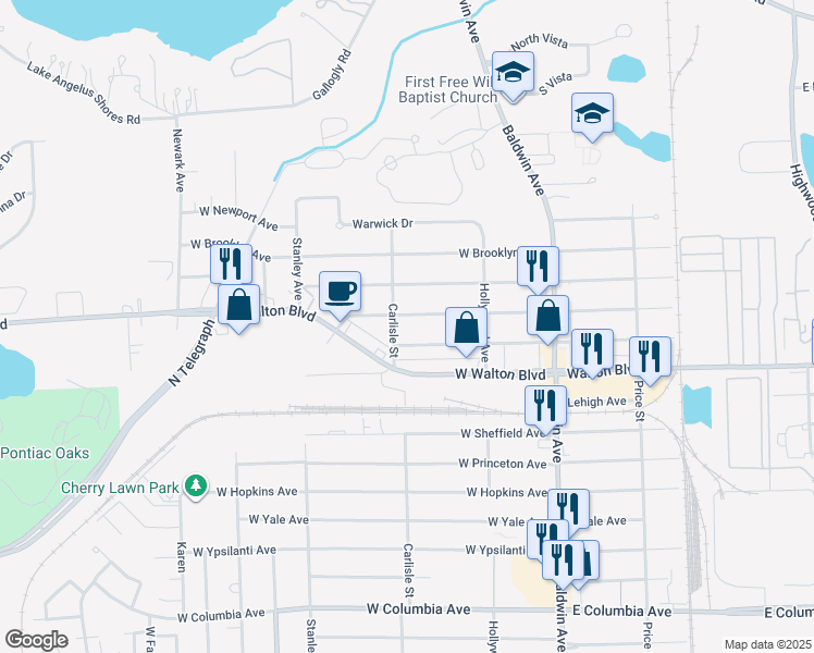 map of restaurants, bars, coffee shops, grocery stores, and more near 157 West New York Avenue in Pontiac