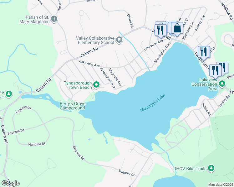 map of restaurants, bars, coffee shops, grocery stores, and more near 35 Mascuppic Trail in Tyngsborough