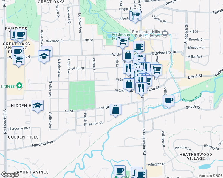 map of restaurants, bars, coffee shops, grocery stores, and more near 403 West 2nd Street in Rochester