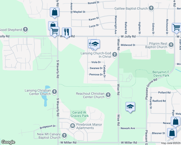 map of restaurants, bars, coffee shops, grocery stores, and more near 3421 Penrose Drive in Lansing