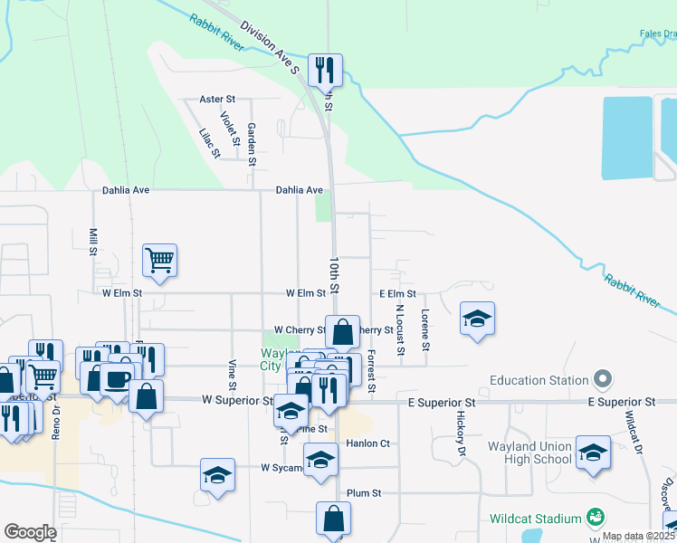 map of restaurants, bars, coffee shops, grocery stores, and more near 418 North Main Street in Wayland