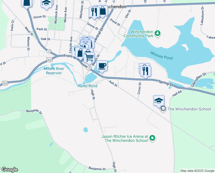 map of restaurants, bars, coffee shops, grocery stores, and more near 35 Branch Street in Winchendon