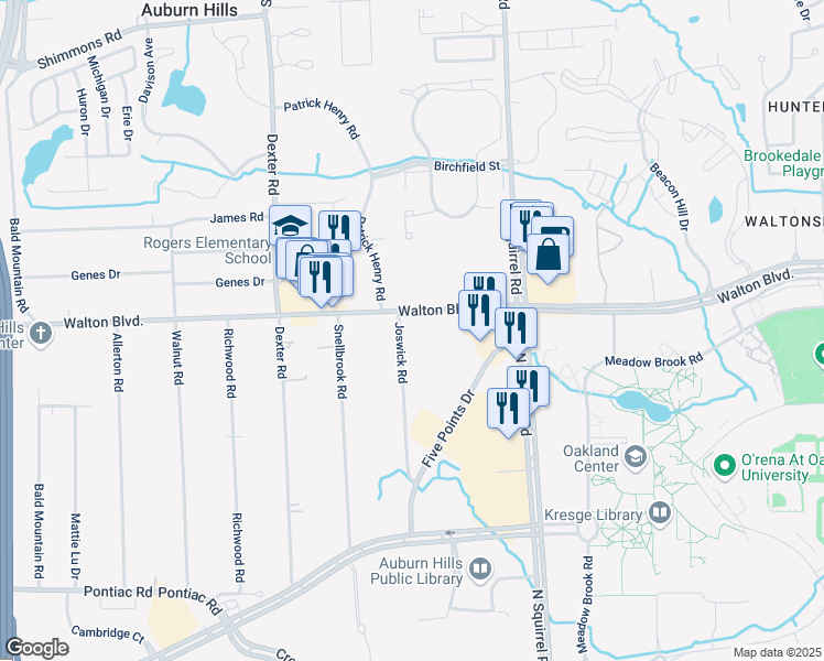 map of restaurants, bars, coffee shops, grocery stores, and more near 3268 East Walton Boulevard in Auburn Hills