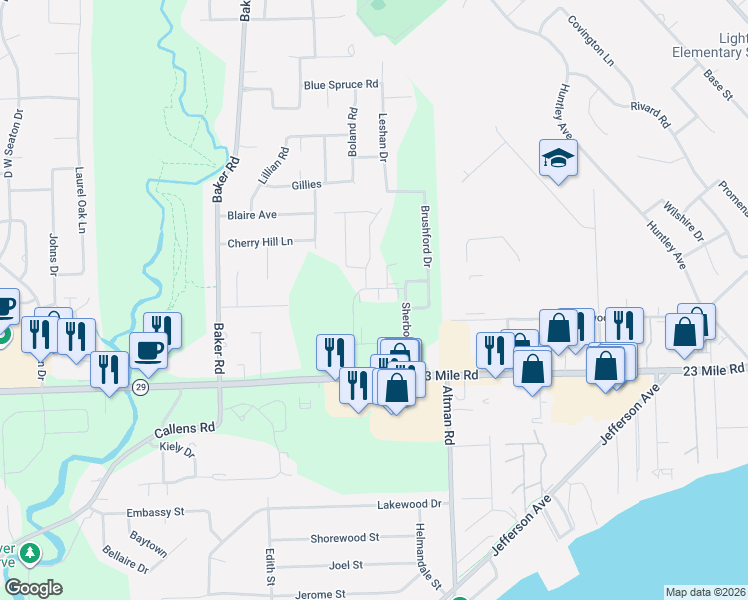 map of restaurants, bars, coffee shops, grocery stores, and more near 34542 Cricklewood Boulevard in New Baltimore