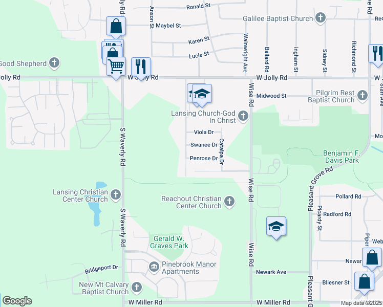 map of restaurants, bars, coffee shops, grocery stores, and more near 3421 Penrose Drive in Lansing