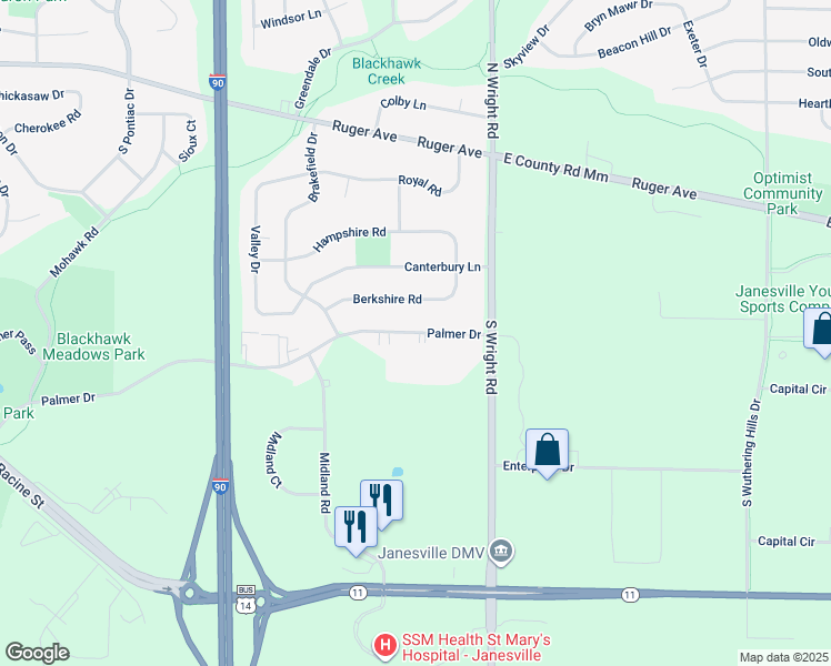 map of restaurants, bars, coffee shops, grocery stores, and more near 3435 Palmer Drive in Janesville