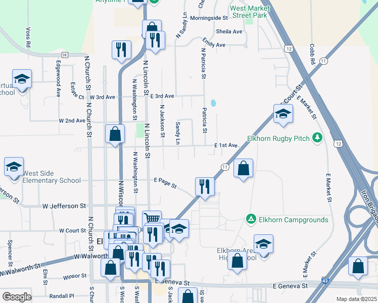 map of restaurants, bars, coffee shops, grocery stores, and more near 419 East 1st Avenue in Elkhorn
