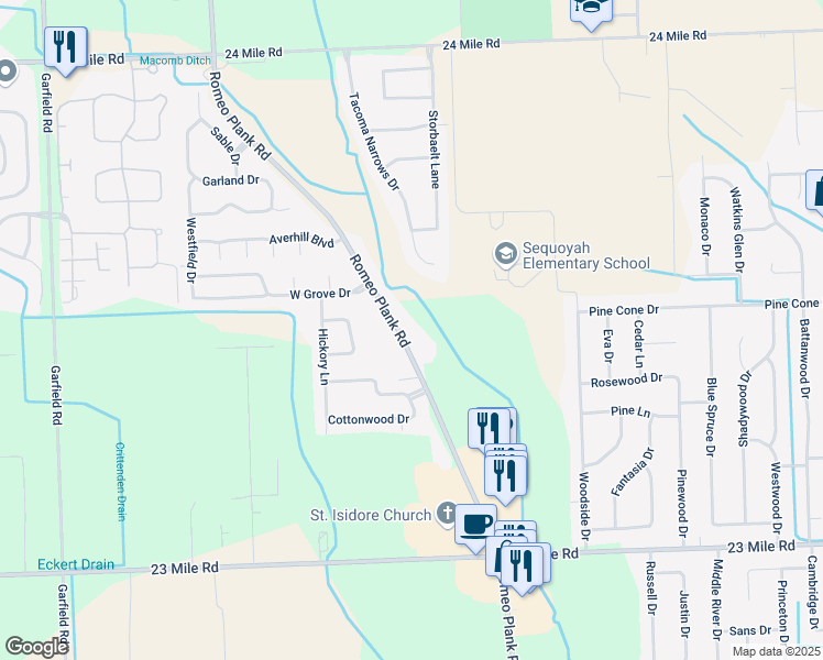 map of restaurants, bars, coffee shops, grocery stores, and more near 51890 Romeo Plank Road in Macomb