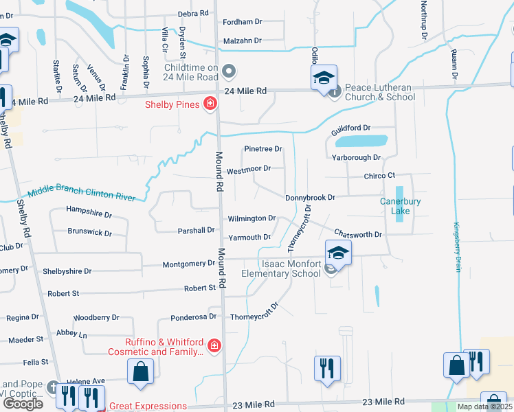map of restaurants, bars, coffee shops, grocery stores, and more near 5975 Wilmington Drive in Macomb County