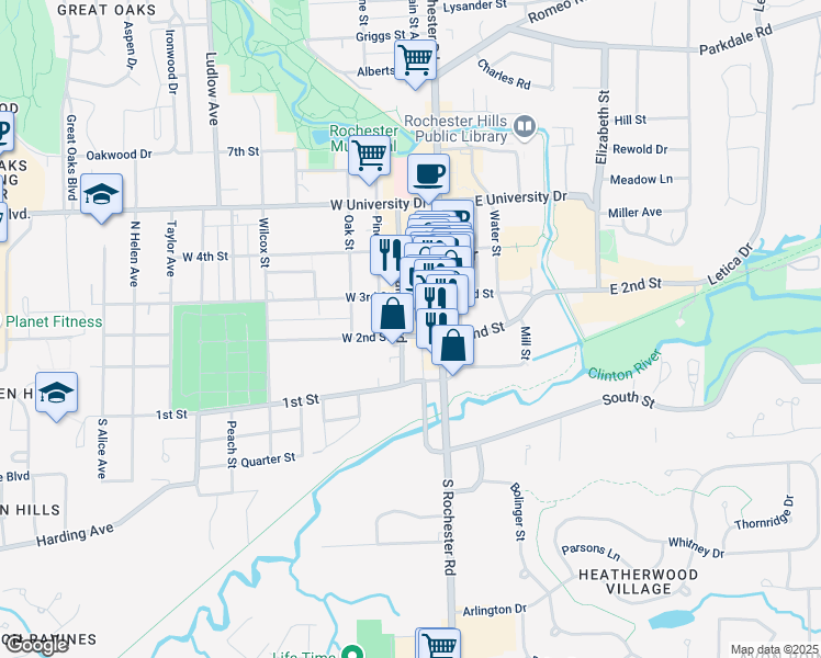 map of restaurants, bars, coffee shops, grocery stores, and more near 202 Walnut Boulevard in Rochester