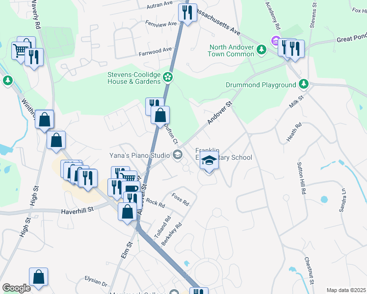 map of restaurants, bars, coffee shops, grocery stores, and more near 2 Cypress Terrace in North Andover