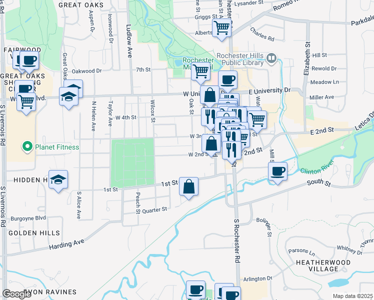 map of restaurants, bars, coffee shops, grocery stores, and more near 403 West 2nd Street in Rochester