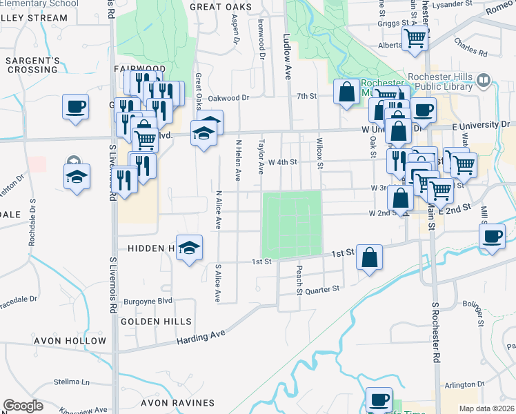map of restaurants, bars, coffee shops, grocery stores, and more near 902 Roselawn Drive in Rochester