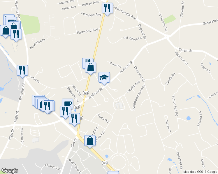 map of restaurants, bars, coffee shops, grocery stores, and more near 19 Carty Circle in North Andover